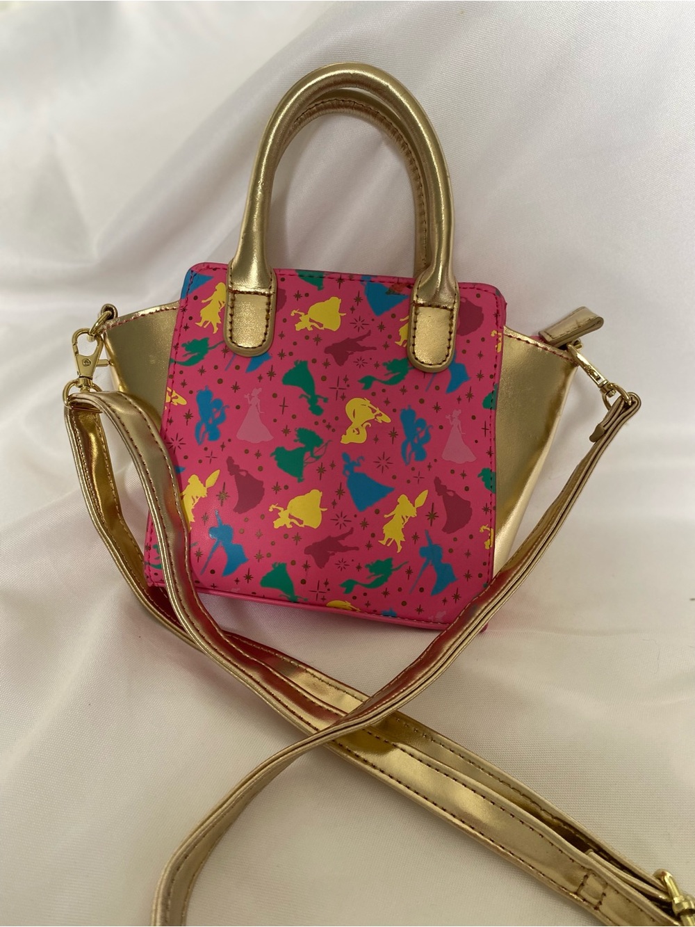 Disney Pink Mini Satchel with Gold Trim and Multicolor Princess Silhouettes